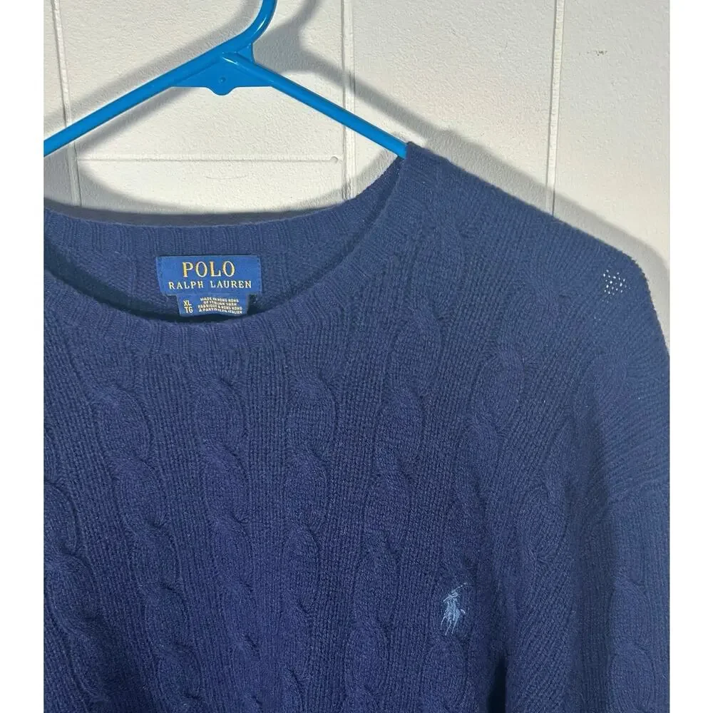 Polo‎ Ralph Lauren Mens Navy Blue Merino Wool Cashmere Cable Knit Sweater XL